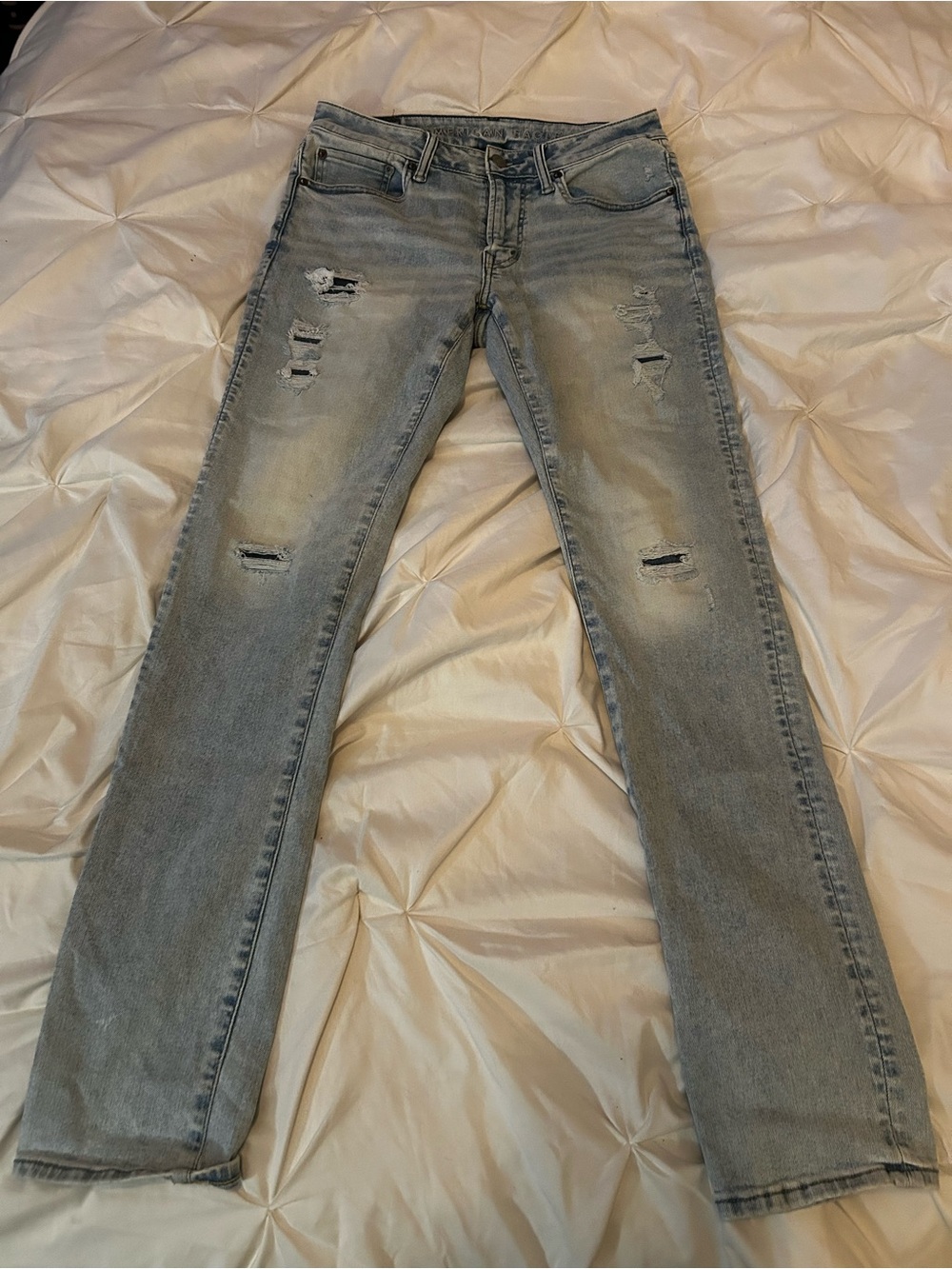 American Eagle Outfitters Men's Light Gray Straight Jeans - Distressed 32/34